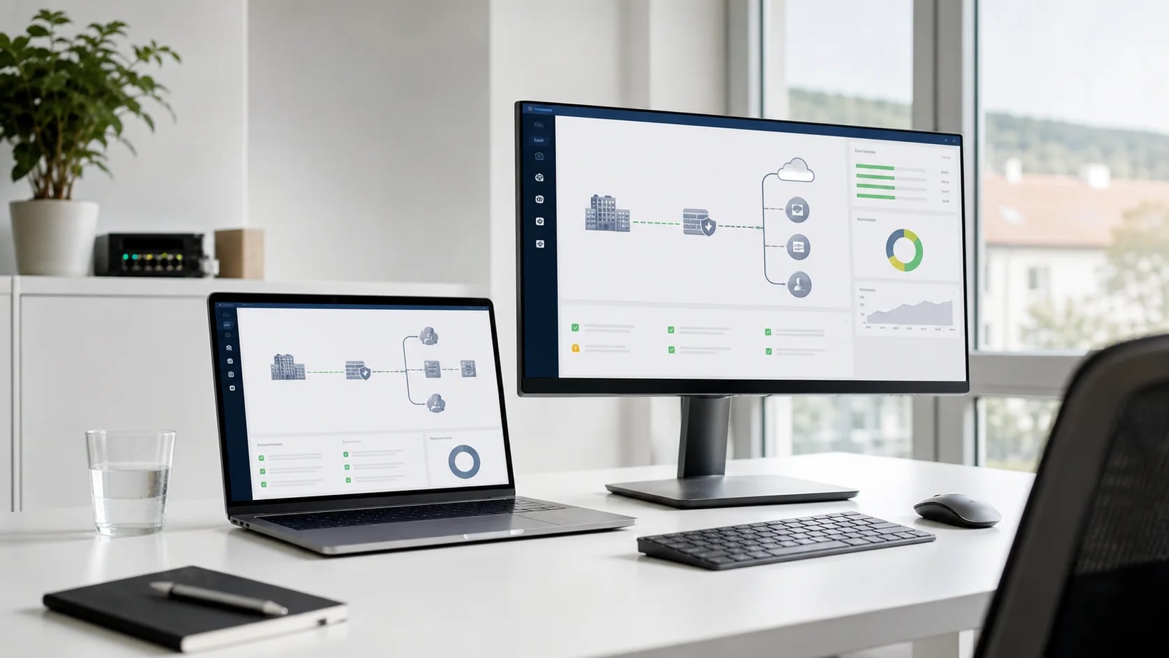 Bright workspace visualising the connection between a site and cloud services