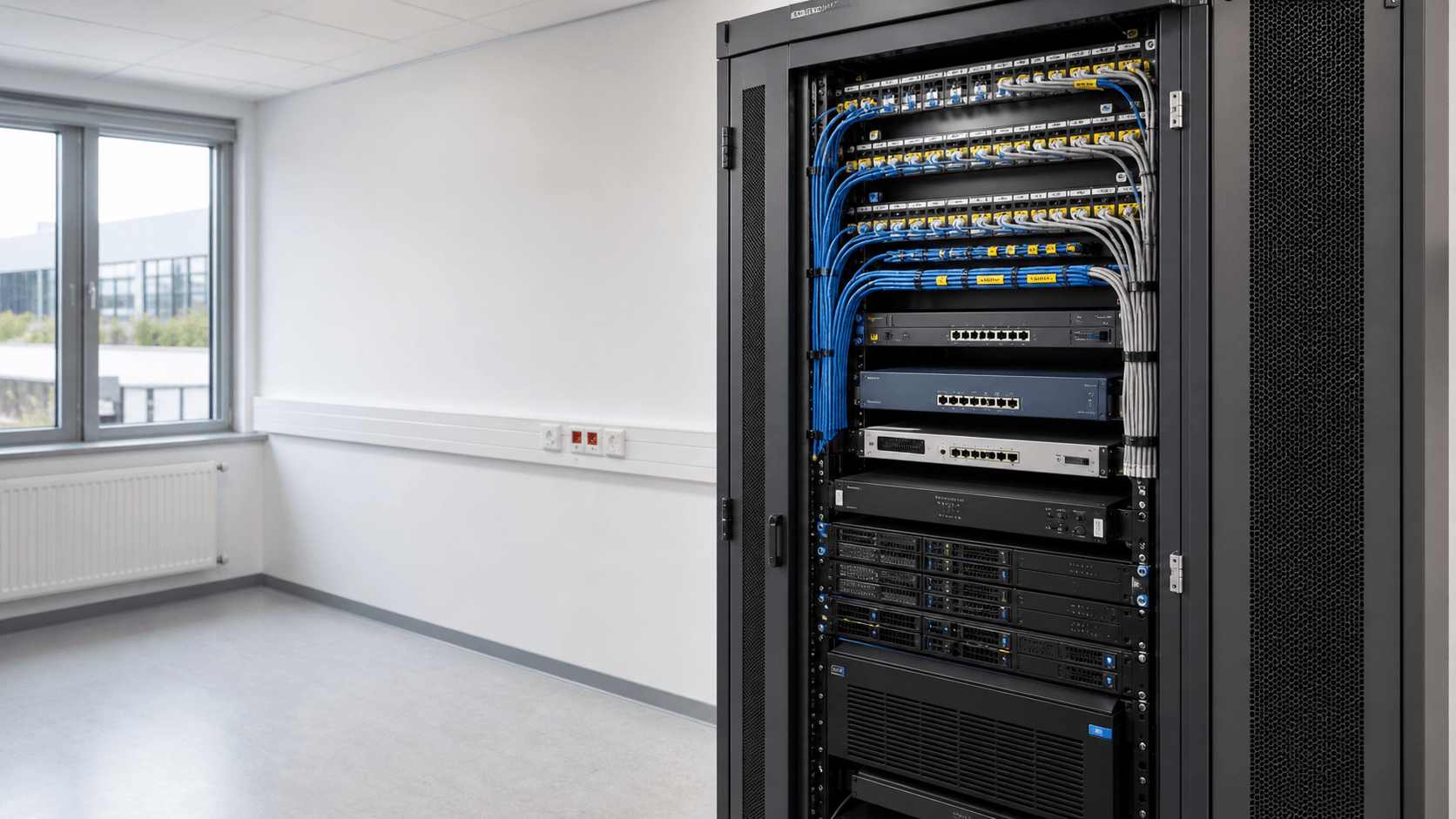 Professional network rack with cleanly documented IT infrastructure