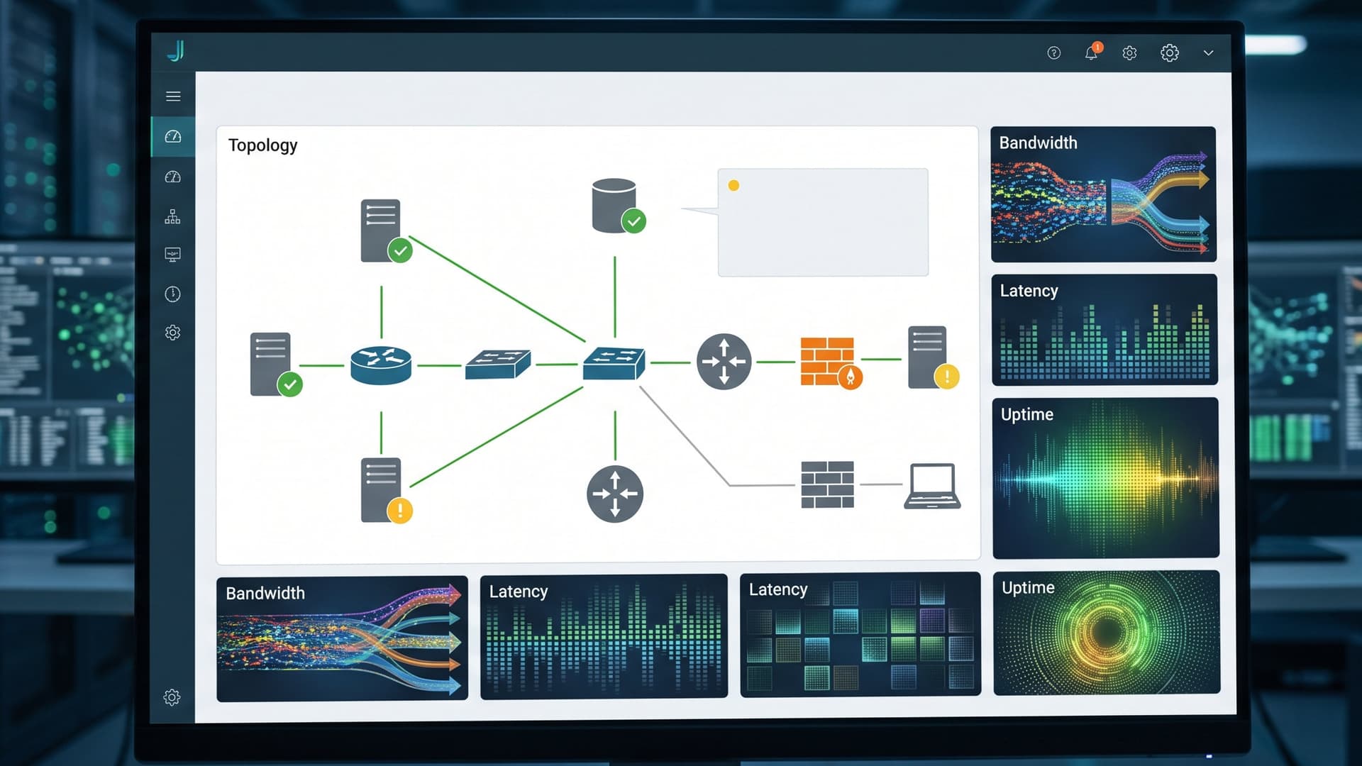Monitoring view with network topology, status and performance metrics