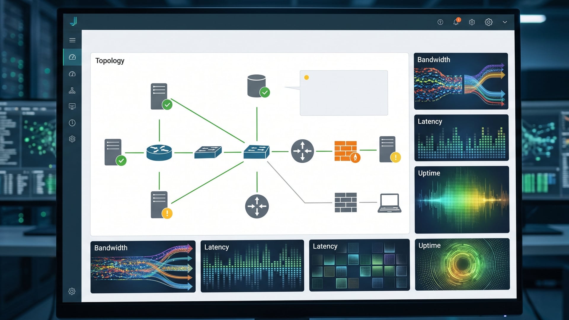Monitoring view with network topology, status and performance metrics