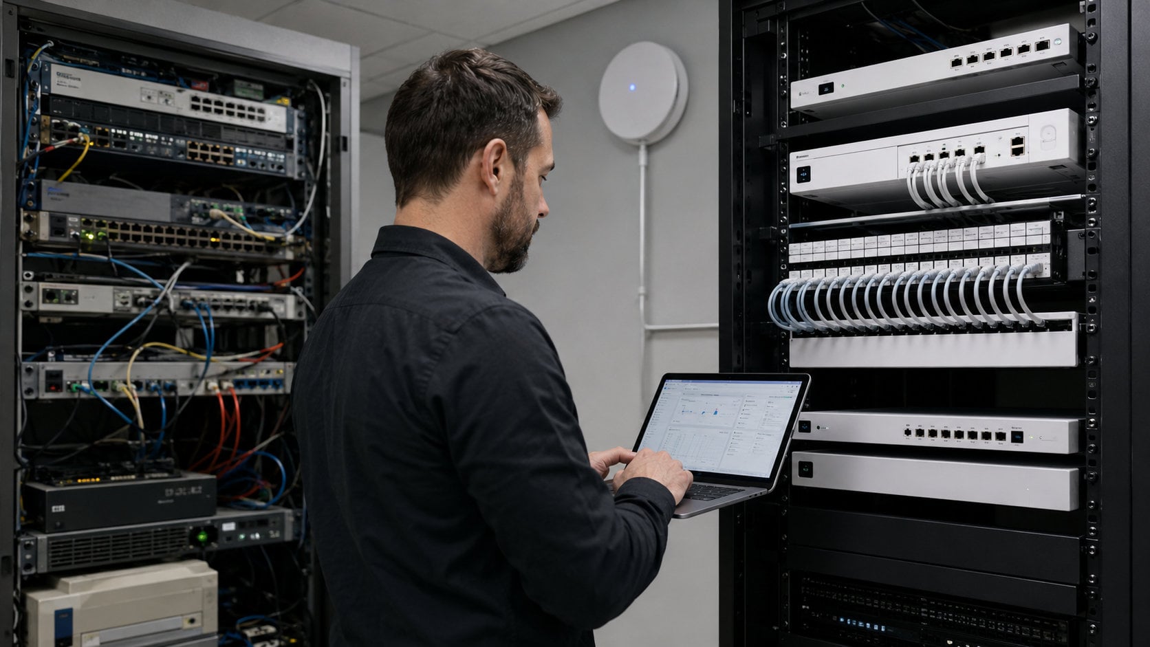 IT Service vor einem Serverrack mit Laptop