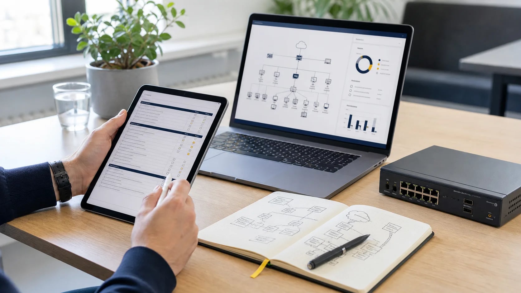 Technical assessment with network map, checklist and network equipment